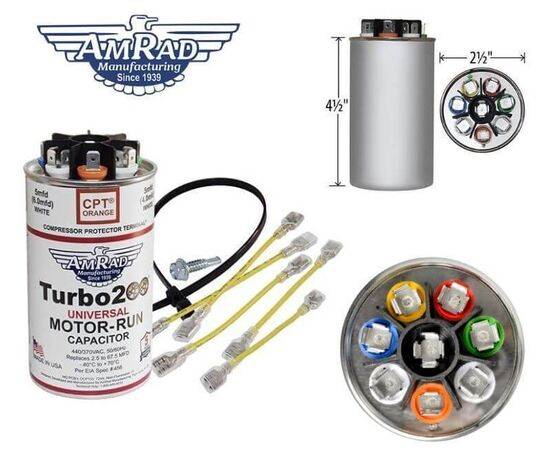 Amrad Capacitor, Round Turbo 200, Up to 2.5MFD to 67.5MFD, 370V/440V,Industrial Grade, Part#9200, Made in USA