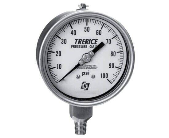 Trerice Industrial Gauge, 700 Series, 4.5" Dial, Stainless steel movement, Laminated safety glass, Field Liquid Fillable, Stainless Steel Case Case, Micro Adjustable