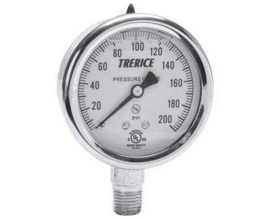 Trerice Industrial Gauge, D80 Series, Dry or Liquid Filled, Stainless Steel Case, 1-1/2", 2", 2-1/2", 4" Dial Sizes, ±1.6% Accuracy (1% Optional),Stainless Steel Case, Glycerine Fill Standard.