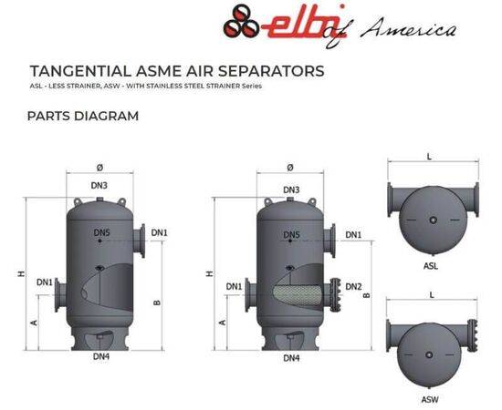Elbi of America ASME Tangential Air Separators, ASL - Less Strainer, ASW - With Stainless Steel Strainer Series
