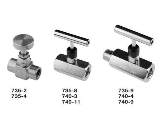 Trerice 735/740 Needle Valves, 1/4"&1/2" Connection Sizes, Teflon Packing, Brass/Carbon Steel/316SS Body,200°F Max Temp