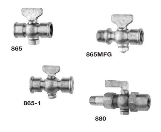 Trerice 865/880 Series Gauge Cocks, 1/4" NPT & Union Connection, Brass Body, Brass Plug, 500°F Max Temp, Type:FXF/MXF