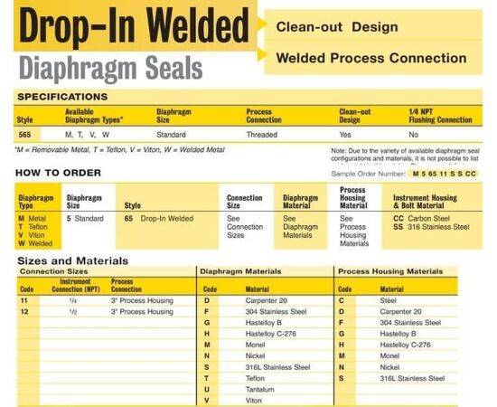 Trerice Diaphragm Seals,Drop-in Welded,  Clean-out DESIGN, Welded Process Connection, Standard Diaphram Sizes