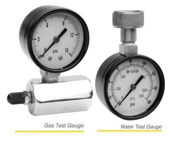 Trerice Test Utility Gauges For Gas or Water Service, Gas Test: 2" Dial with 3/4 NPT Female, Water Test: 2-1/2" Dial with 3/4 NPT Hose Bib, Steel, black painted Case
