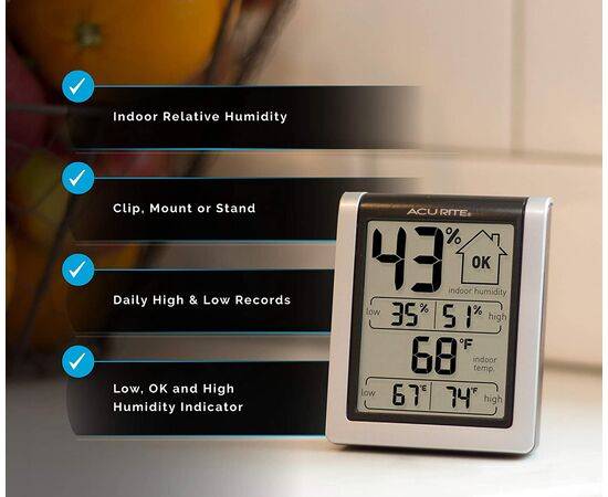 Acurite 00613B Digital Hygrometer & Indoor Thermometer Pre-Calibrated Humidity Gauge