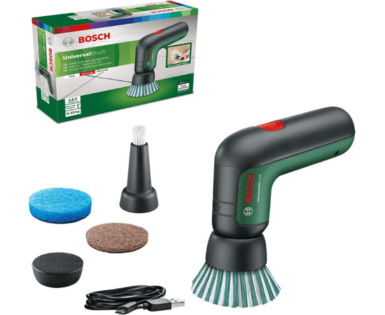Bosch Home And Garden Electric Cleaning Brush Universal brush 3.6 V Integrated Battery, 1 Micro USB Cable And 4 Cleaning Attachments Included, In Carton Packaging, Green, 06033E0000