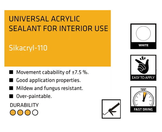 Universal Acrylic Sealant For Indoor Crack And Joint Filling. 280 ml Cartridge, Sika Sikacryl-110, White