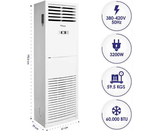 Super General 5 Ton Floor Standing Split Air Conditioner, 60000 BTU, Auto-restart, Sleep-mode, White, SGFS-60-GE, 61 x 39 x 192.5 cm