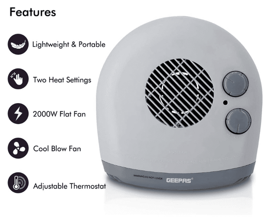 The Geepas ‎GFH9522, Portable Flat Fan Heater is a compact, lightweight heater with adjustable thermostat and two heat settings (1000w or 2000w)
